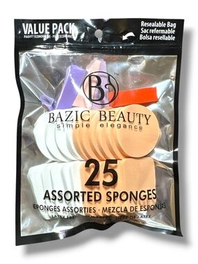 Bazic Beauty 25 Assorted Sizes Makeup Sponges - Beige, White, Purple & Red